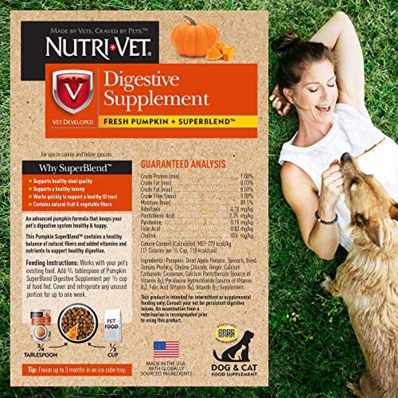 Nutri-Vet 소화 보조제 | 신선한 호박 + 슈퍼블렌드 포뮬러 | 배탈을 진정시킨다 | 개와 고양이용 4팩(포장은 다를 수 있음)