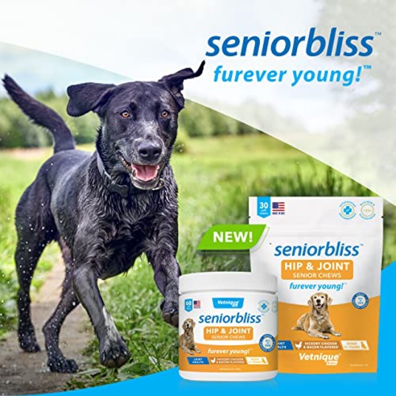 Vetnique Labs Seniorbliss 노령견(7+) 노령견 비타민 및 보충제, 심장, 알레르기, 관절염, 피부 및 털 지원 - 퓨레버 영(엉덩이 및 관절 츄, 30ct)