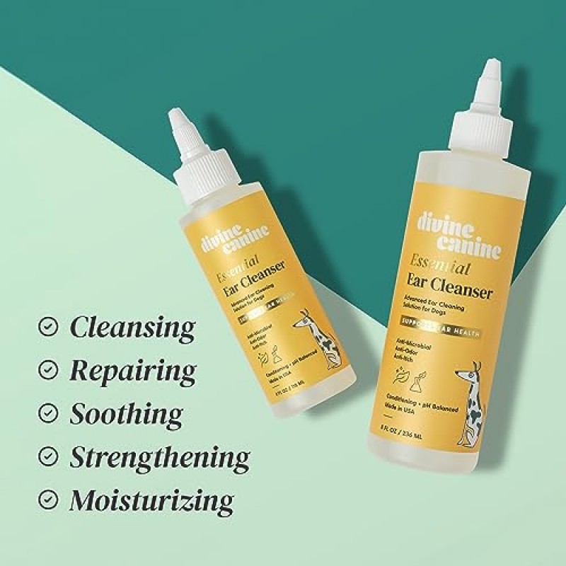 Divine Canine Essential Ear Cleanser - 개 귀 청소기 - 애완동물 귀를 진정시키고 보호합니다 - 개 손질 - 왁스 제거 및 탈취 - 알로에, 카모마일, 글리세린, 글리콜산 - 개를 위한 귀 건강 - 8온스