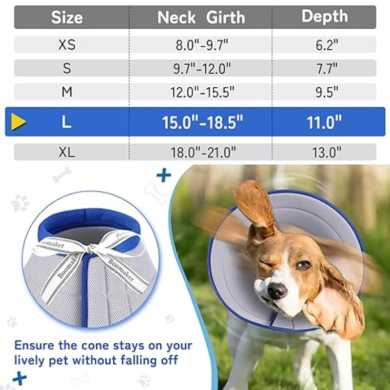 수술 후 부메이커 엑스트라 소프트 도그 콘 대안, 대형 중소형견을 위한 통기성 개 콘, 애완동물을 위한 경량 개 회복 칼라, 개를 위한 조절 가능한 E-칼라, 엘리자베스 칼라(L)