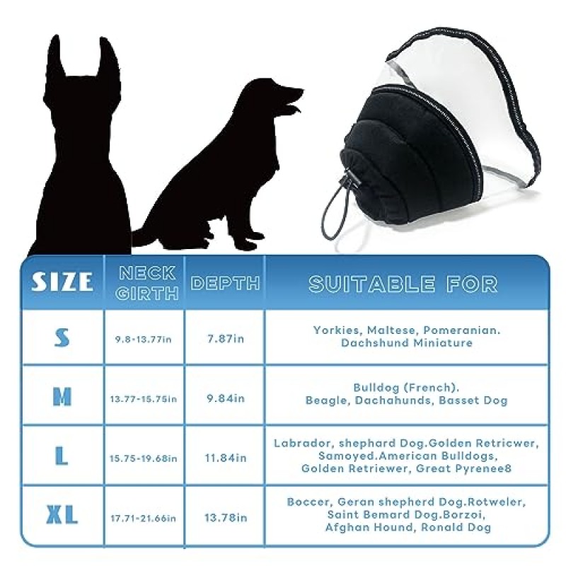 수술 후 대형 중형 소형견을 위한 개 콘, 조절 가능한 부드러운 개 콘 칼라, 통기성이 있는 엘리자베스 시대 애완동물 회복 칼라로 애완동물이 스티치, 상처 및 발진에 닿는 것을 방지합니다.