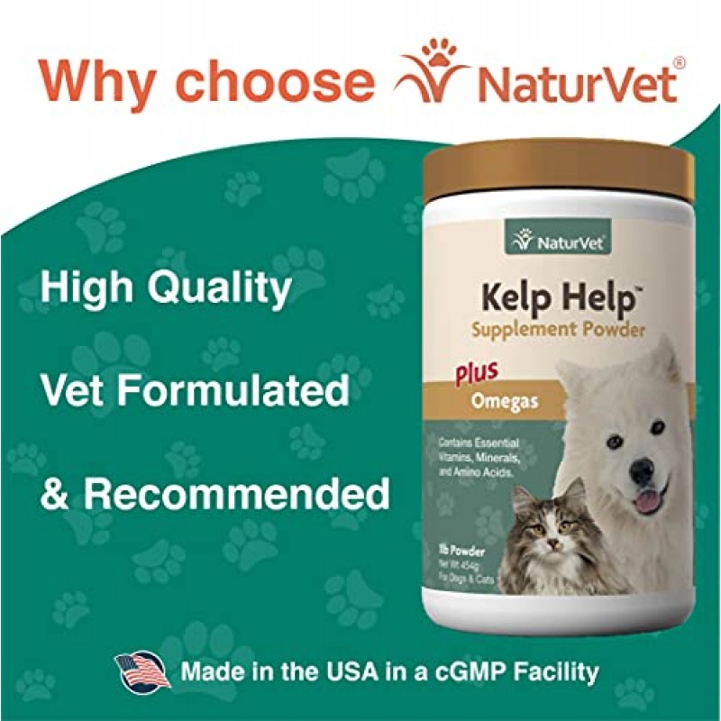 NaturVet Kelp Help Plus Omegas 개와 고양이용 피부 및 외투 보충제, 분말, 전 세계적으로 공급되는 성분을 사용하여 미국에서 제조 1파운드