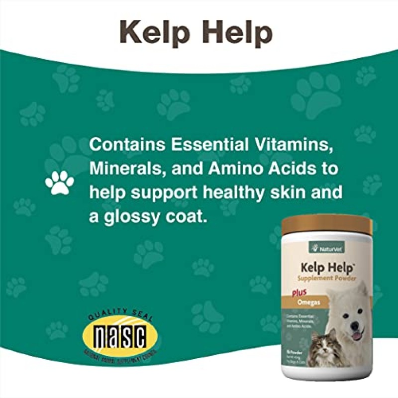 NaturVet Kelp Help Plus Omegas 개와 고양이용 피부 및 외투 보충제, 분말, 전 세계적으로 공급되는 성분을 사용하여 미국에서 제조 1파운드