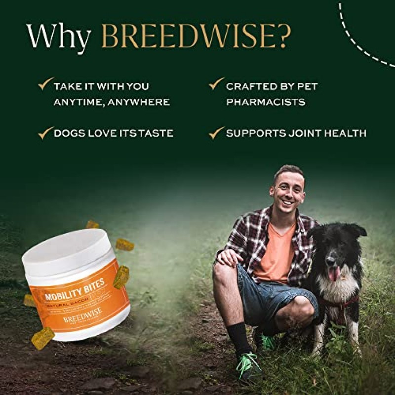 Breedwise Pet Provisions - 개를 위한 이동성 바이트, 베이컨 맛 글루코사민 개 간식, 개를 위한 고관절 건강 및 관절 보충제, 50 바이트, 225 g