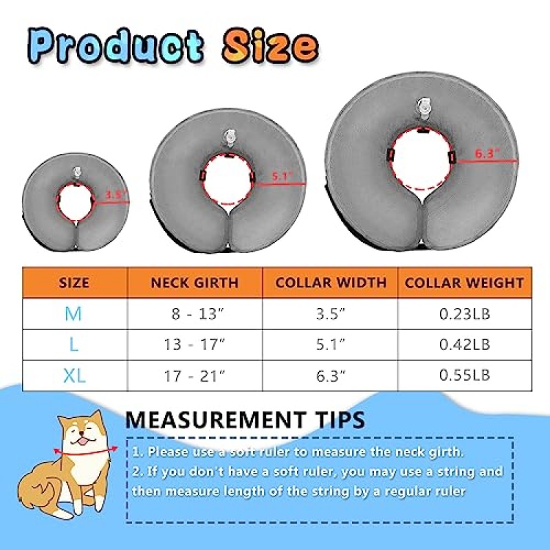 공기주입식 개 콘 목걸이(L 사이즈), 소프트 블로우업 보호 복구 개 목걸이, 애완동물 도넛 콘 목걸이, 중형 개가 물고 긁는 것을 방지하기 위한 수술 후 편안한 엘리자베스 칼라, 회색