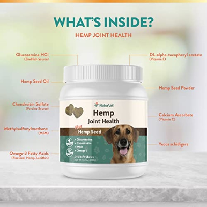 NaturVet Hemp 관절 건강 고관절 및 관절 지원 반려견 보조제 – 글루코사민, MSM, 콘드로이틴, 오메가 3, 비타민, 항산화제가 함유된 반려견용 소프트 츄 보충제 – 240Ct.