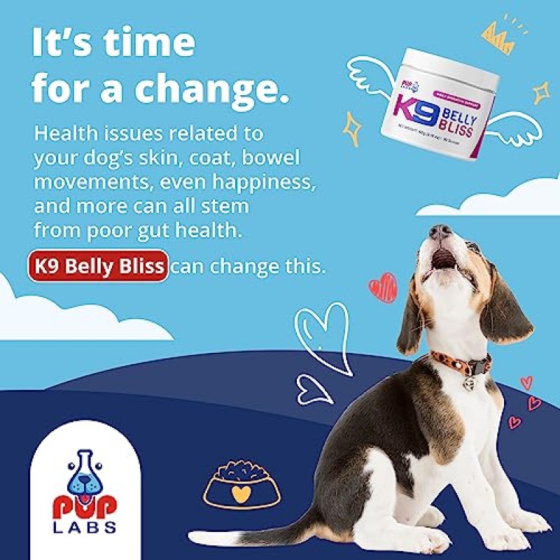 Pup Labs K9 Belly Bliss - 일일 소화 지원 - 애견용 맞춤형 프리바이오틱스 - 건식 및 습식 사료용 토퍼, 30 스쿠프, 2.14 온스