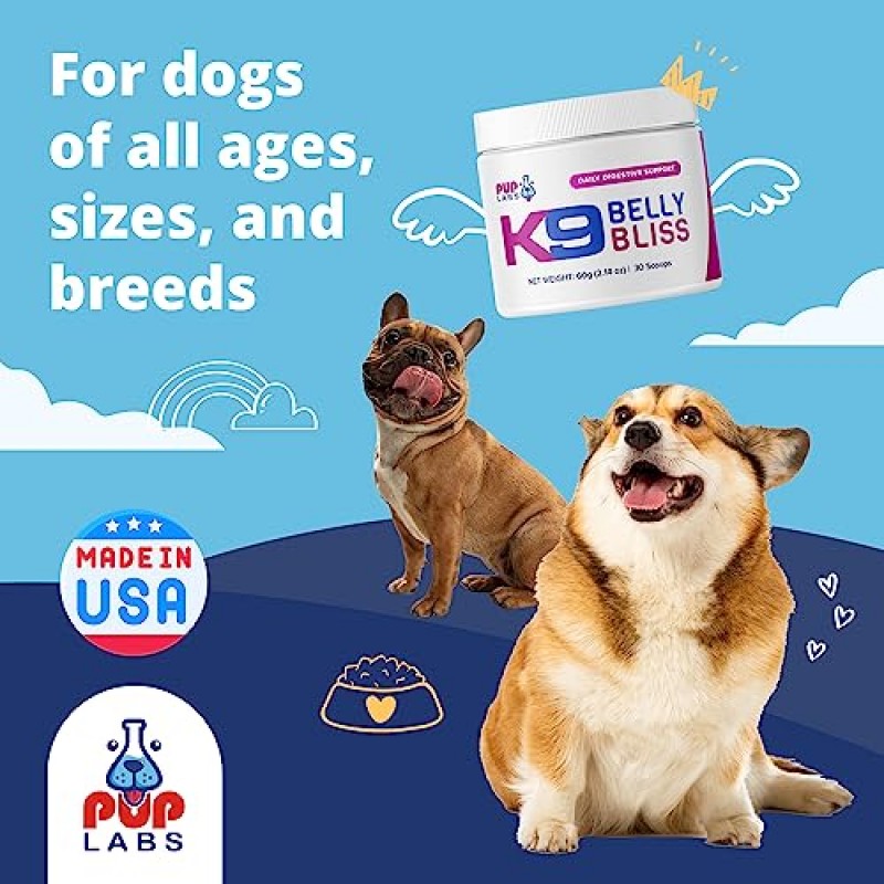 Pup Labs K9 Belly Bliss - 일일 소화 지원 - 애견용 맞춤형 프리바이오틱스 - 건식 및 습식 사료용 토퍼, 30 스쿠프, 2.14 온스