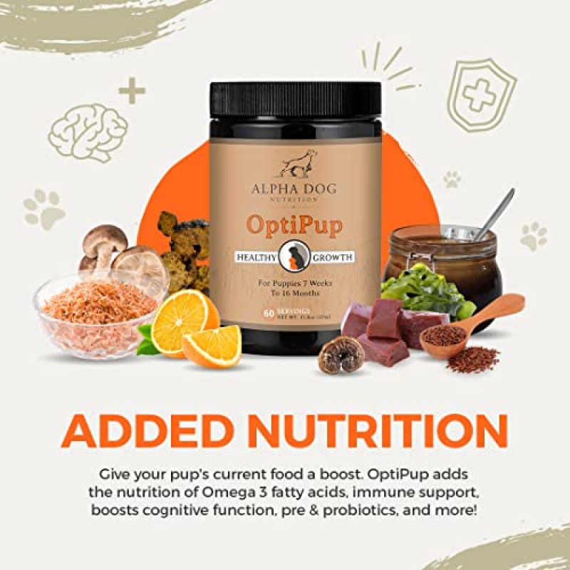 Alpha Dog Nutrition의 OptiPup 올인원 강아지 종합비타민 및 프로바이오틱스 - 강아지를 위한 31가지 전체 식품 성분 및 비타민 - 건강한 성장, 피부 및 털, 면역력, 소화 및 인지 지원