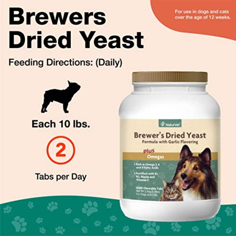 NaturVet Brewer의 마늘 향이 나는 건조 효모 애완동물 보조제 - B 복합 비타민, 오메가-3, 6 및 9 지방산 포함 - 윤기 나는 외투, 개, 고양이의 건강한 피부 5000Ct를 지원합니다.