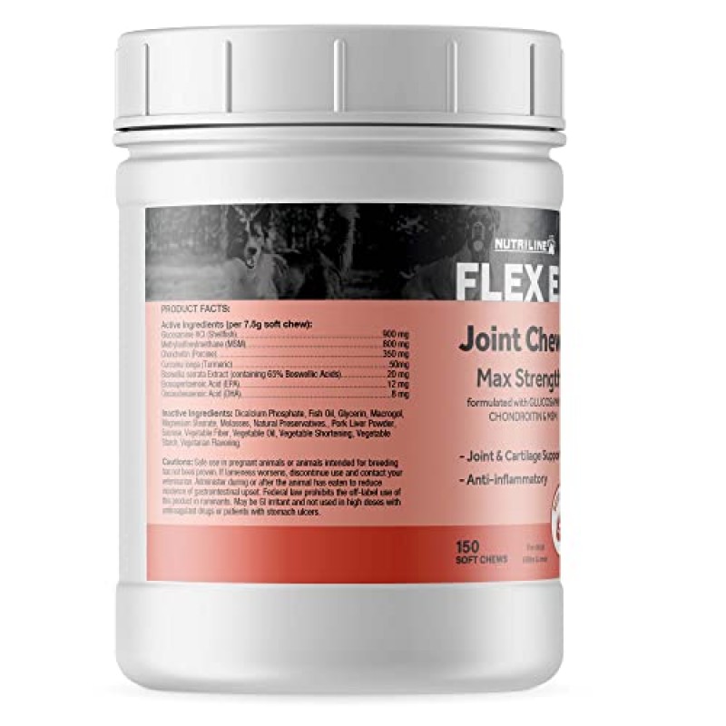 Nutriline Labs Flex EZ 개 글루코사민 콘드로이틴 츄어블 개용 고관절 및 관절 보조제 MSM 및 강황 함유 대형/거대 품종용 츄어블 간식(소프트 츄어 150개)