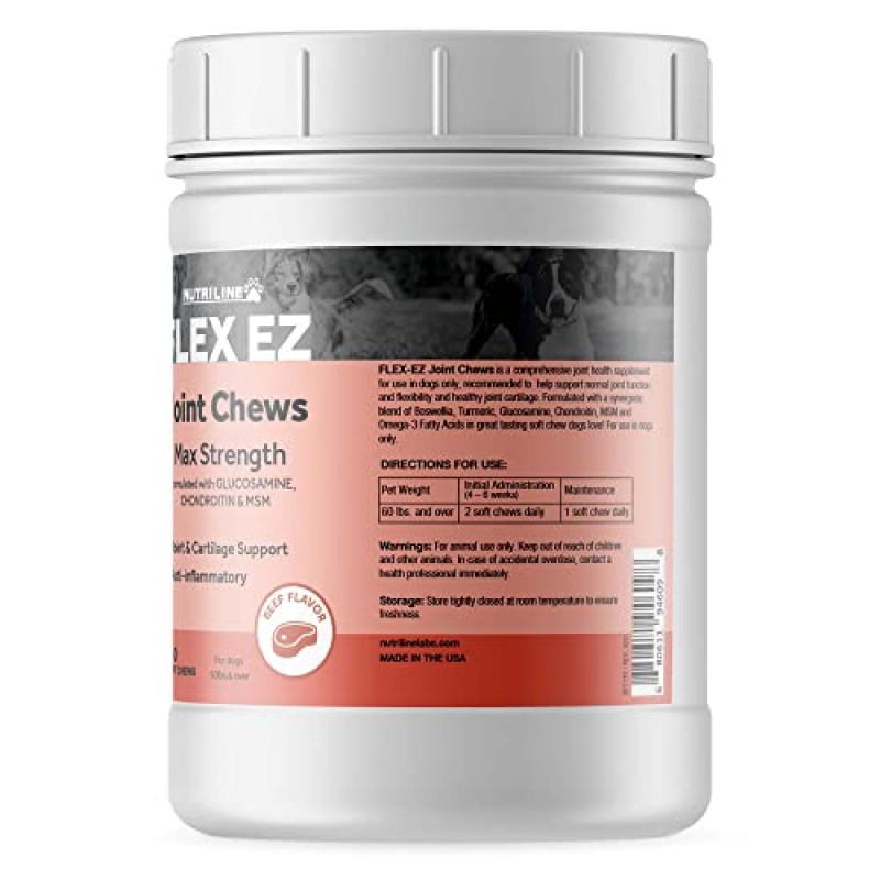 Nutriline Labs Flex EZ 개 글루코사민 콘드로이틴 츄어블 개용 고관절 및 관절 보조제 MSM 및 강황 함유 대형/거대 품종용 츄어블 간식(소프트 츄어 150개)