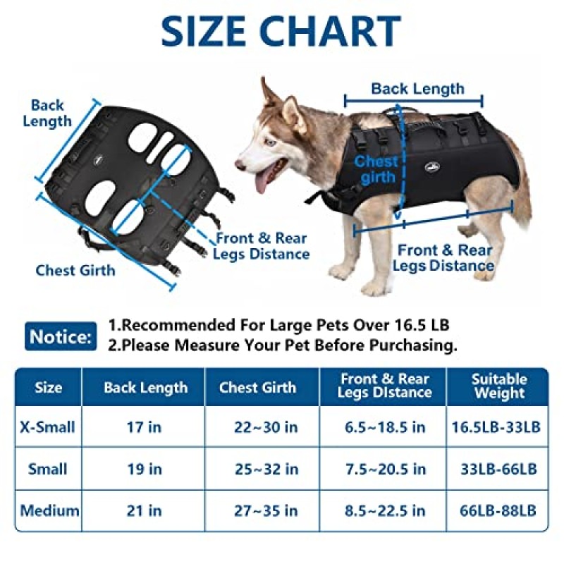 wakytu 개 리프트 하네스 슬링 캐리어 개 뒷다리 계단 지원 노인, 장애인, 관절 부상, 관절염, 재활 손톱 트리밍, 대형 개 위아래 계단, 자동차(크기: S/66-132 LBS)