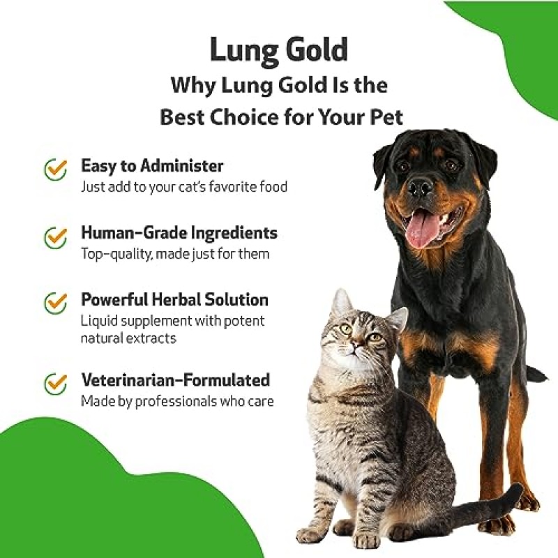 Pet Wellbeing 개와 고양이용 Lung Gold - 수의사 제조 - 폐 및 호흡기 면역 지원, 개방형 기도, 쉬운 호흡 - 천연 허브 보조제 4oz(18ml)