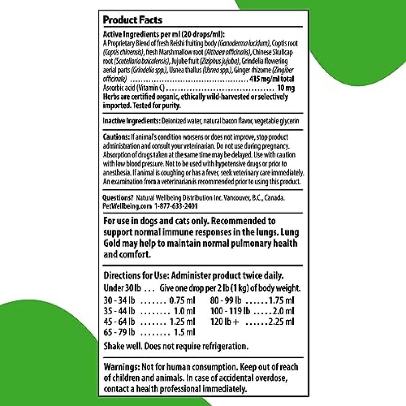 Pet Wellbeing 개와 고양이용 Lung Gold - 수의사 제조 - 폐 및 호흡기 면역 지원, 개방형 기도, 쉬운 호흡 - 천연 허브 보조제 4oz(18ml)