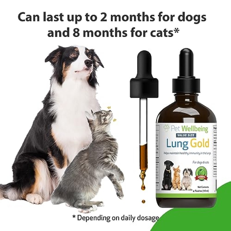 Pet Wellbeing 개와 고양이용 Lung Gold - 수의사 제조 - 폐 및 호흡기 면역 지원, 개방형 기도, 쉬운 호흡 - 천연 허브 보조제 4oz(18ml)