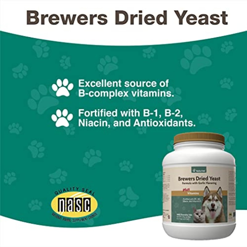 NaturVet Brewer의 마늘 향이 나는 건조 효모 애완동물 보조제 – B-1, B-2 비타민, 니아신, 비타민 C 포함 – 윤기 나는 외투, 개와 고양이의 건강한 피부 지원 – 5,000Ct.