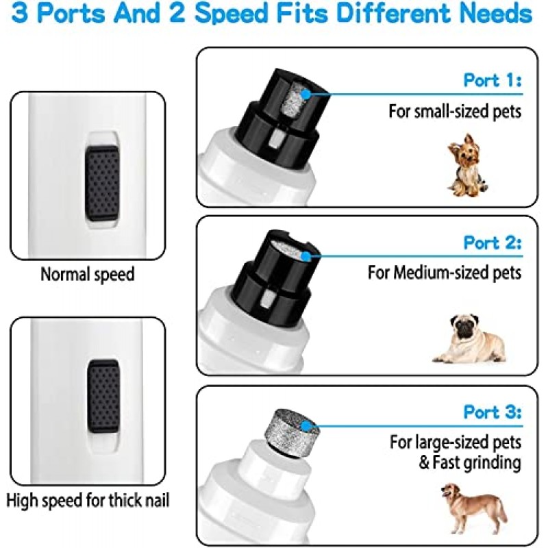 Casfuy 개 네일 그라인더 업그레이드됨 - 전문가용 2단 전기 충전식 애완동물 네일 트리머 소형 중형 대형 개 및 고양이를 위한 무통 손질 및 스무딩(흰색)