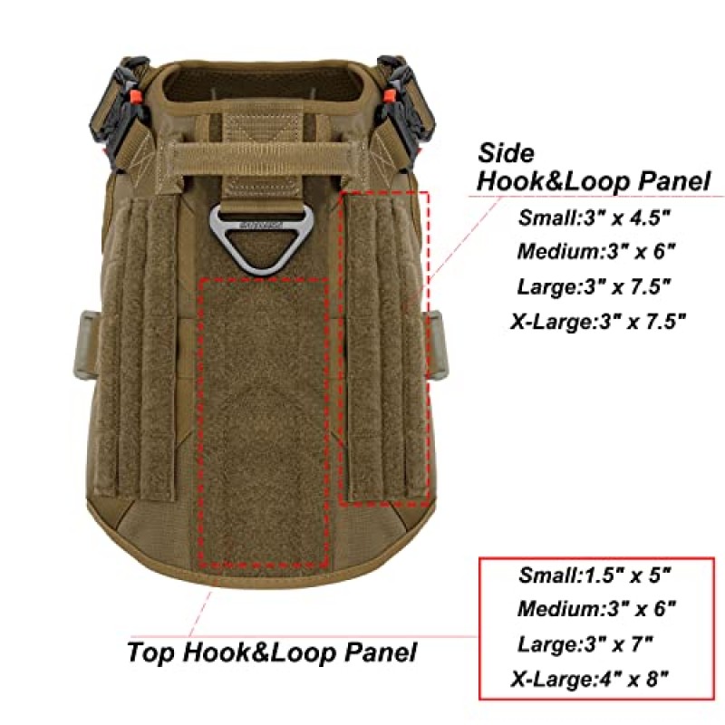 ICEFANG 전술 개 하네스, 대형, 2X 금속 버클, 손잡이가 있는 작업 개 MOLLE 조끼, 전면 가죽 끈 클립을 당기지 않음, 후크 및 루프 패널