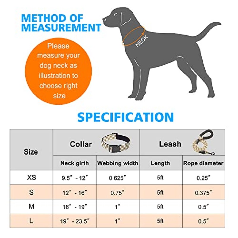 부드러운 네오프렌으로 패딩된 Ladoogo 반사 개 목걸이 소형 중형 대형견용 통기성 조절 가능한 나일론 개 목걸이(중형(1팩), 바닐라 격자 무늬 칼라 + 가죽끈)