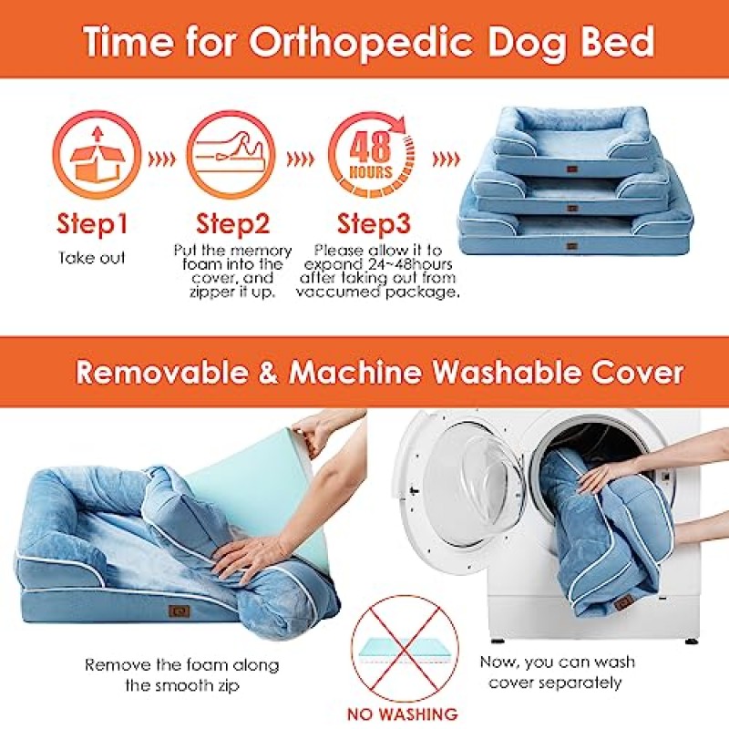 EHEYCIGA 초대형견용 정형외과용 개 침대, 측면이 있는 방수 메모리 폼 XL 개 침대, 미끄럼 방지 바닥 및 계란 상자 폼 대형견 소파 침대(세탁 가능 탈착식 커버 포함), 회색