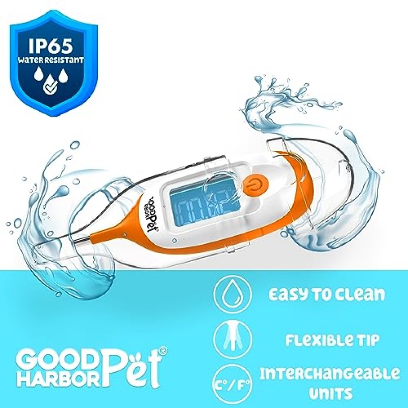 GoodHarborPet-OnlyTemp 초고속 10초 읽기, IP55 방수 - 애완동물용 정밀 직장 온도계