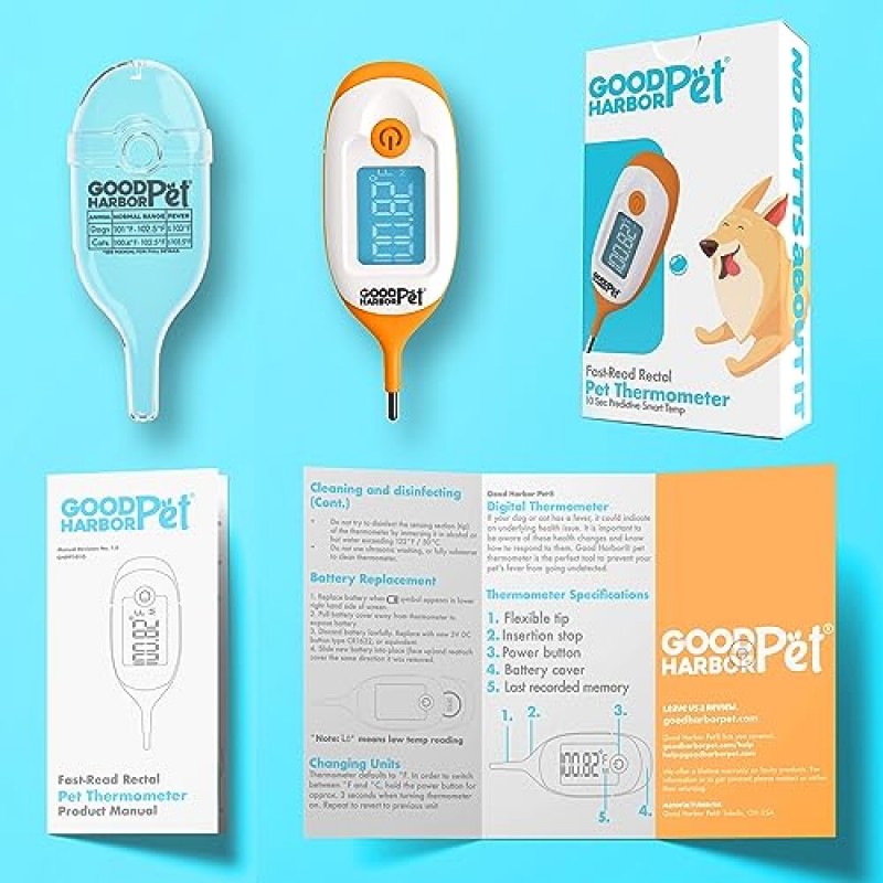 GoodHarborPet-OnlyTemp 초고속 10초 읽기, IP55 방수 - 애완동물용 정밀 직장 온도계