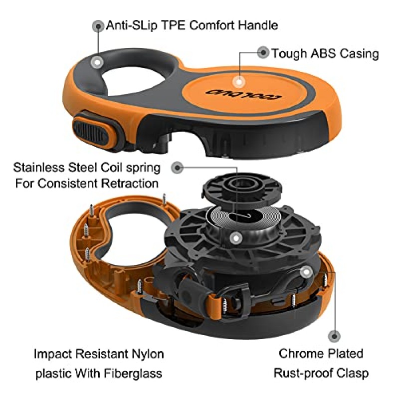360° 엉킴 방지, 미끄럼 방지 손잡이가 있는 견고한 접이식 개 가죽끈; 16피트 반사성 강한 나일론 테이프; 대형견 또는 고양이의 경우 최대 110파운드; 한손 브레이크, 일시 정지, 잠금(주황색, 대형)