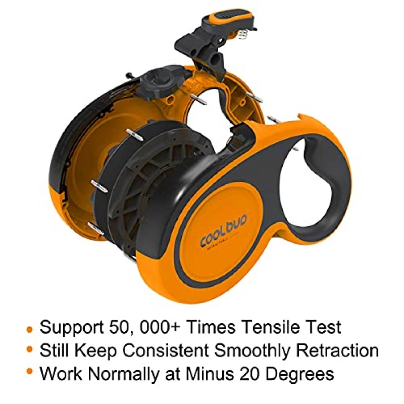360° 엉킴 방지, 미끄럼 방지 손잡이가 있는 견고한 접이식 개 가죽끈; 16피트 반사성 강한 나일론 테이프; 대형견 또는 고양이의 경우 최대 110파운드; 한손 브레이크, 일시 정지, 잠금(주황색, 대형)