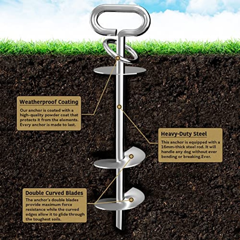 Eurmax USA 헤비 듀티 앵커 키트 도그 타이 아웃 트램펄린, 텐트, 방수포, 캐노피, 자동차 포트, 도그 타이 아웃, 보너스 도그 타이 아웃 케이블(실버)용 지상 나선형 앵커 스테이크