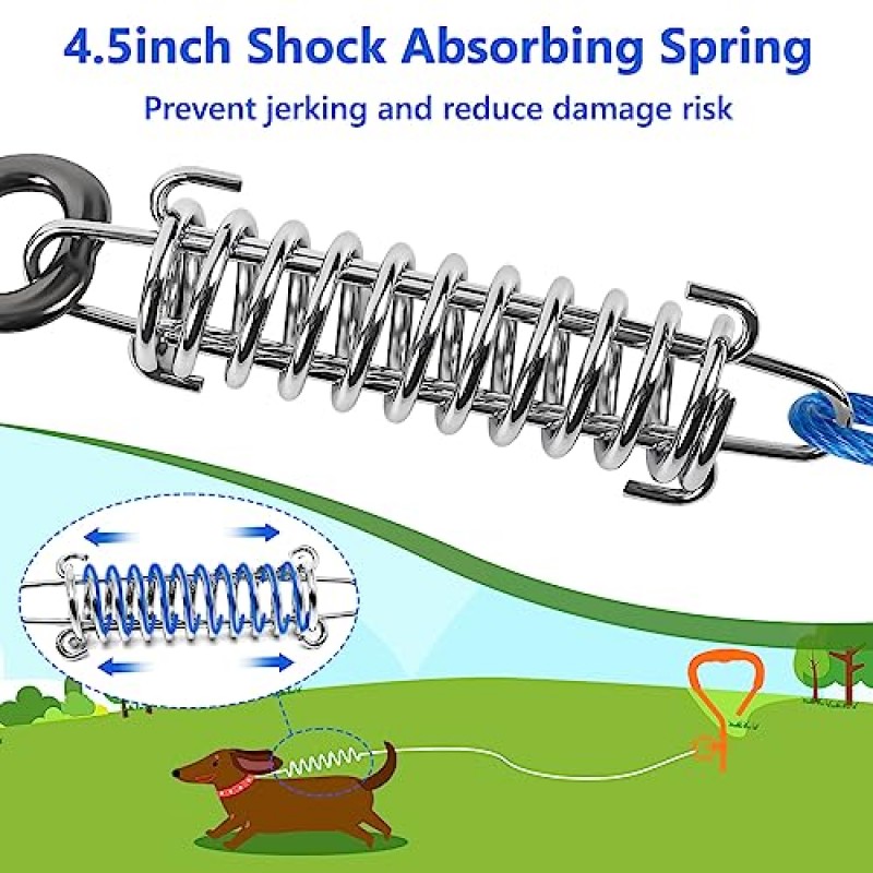 XiaZ 개 타이 아웃 케이블 및 스테이크, 회전 후크와 충격 흡수 스프링이 있는 10피트 개 러너 케이블, 중소형 애완동물을 위한 야외 및 캠핑용 개 리드 최대 60파운드