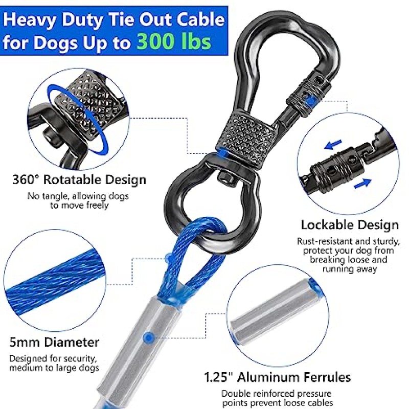 XiaZ 개 타이 아웃 케이블 및 스테이크, 회전 후크와 충격 흡수 스프링이 있는 10피트 개 러너 케이블, 중소형 애완동물을 위한 야외 및 캠핑용 개 리드 최대 60파운드