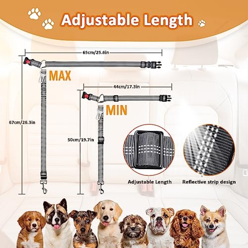 자동차용 탈착식 개 안전 벨트 하네스, 3 in 1 애완견 자동차 안전 벨트 끈, laqibak 구속 장치는 머리 받침 및 반사 효과에 고정 조절 가능 번지 개 안전 벨트 테더, 2개 및 배변 가방 홀더