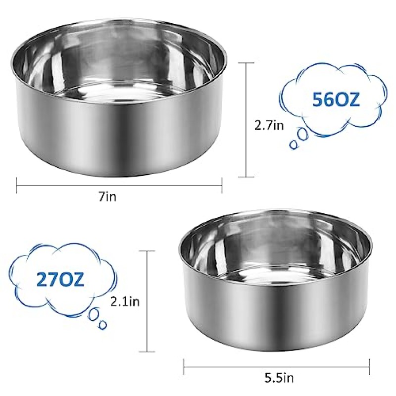 SubClap 개집 물 그릇, 유출 없음 및 분리형 개 상자 물 음식 그릇, 클램프 홀더가 있는 걸이형 애완 동물 케이지 그릇, 상자 케이지 개집에 있는 개 및 고양이용 2개 크기 스테인레스 스틸 애완 동물 그릇, 56온스 및 27온스