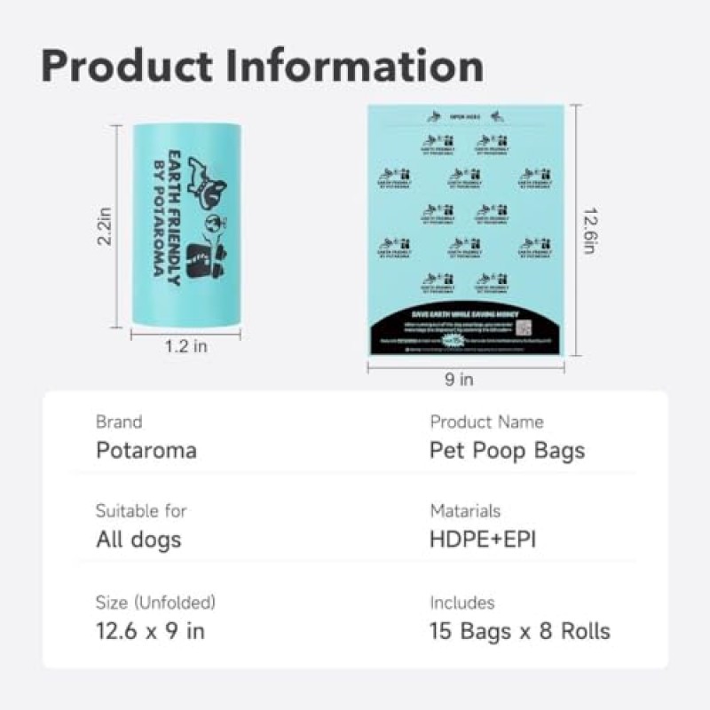 Potaroma 개 똥 가방, 8롤 보장 누출 방지 강아지 똥 가방, 두꺼운 폐기물 봉투, 라벤더 향, 120개, 손전등 가방 디스펜서 홀더 포함