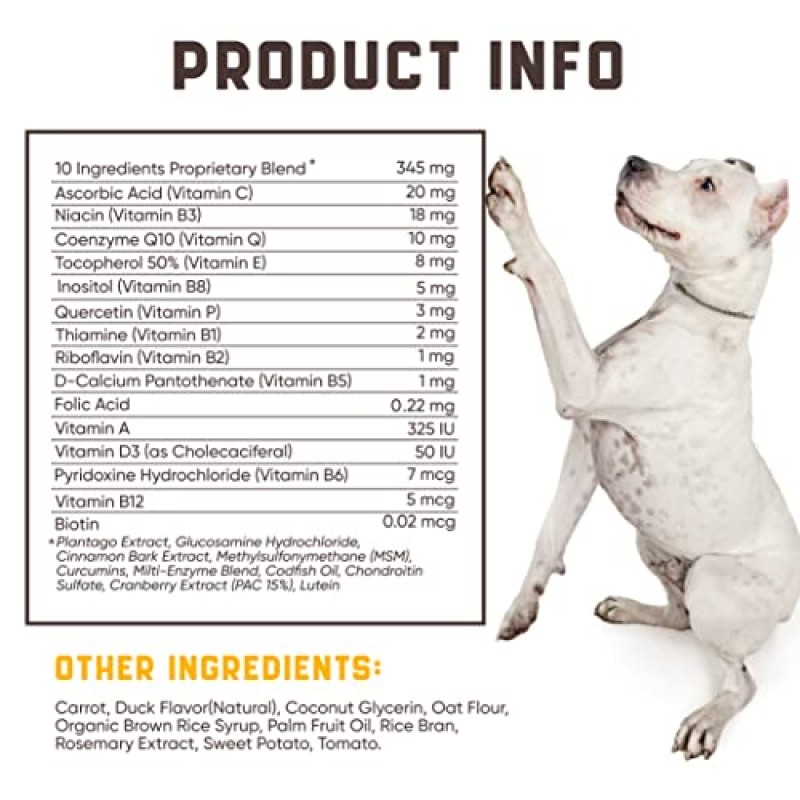 15-in-1 개 종합 비타민 보충제 - 면역력, 소화, 관절 및 심장 건강 지원 - 개를 위한 비오틴, Msm, 크랜베리, 글루코사민이 함유된 천연 개 비타민 - 180 츄어블