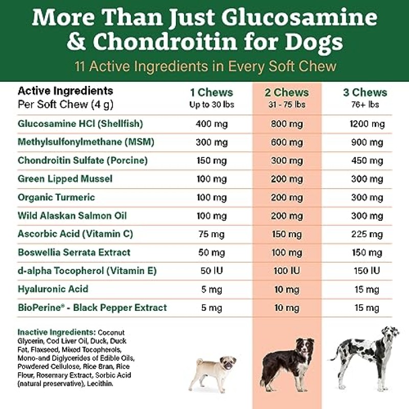 Doggie Dailys 개를 위한 글루코사민 - 120개 츄어블 - 콘드로이틴, 녹색 입 홍합, 강황 및 바이오프린이 함유된 개 관절 보조제 - 개가 활동적인 상태를 유지하는 데 도움이 되는 프리미엄 노령견 보조제