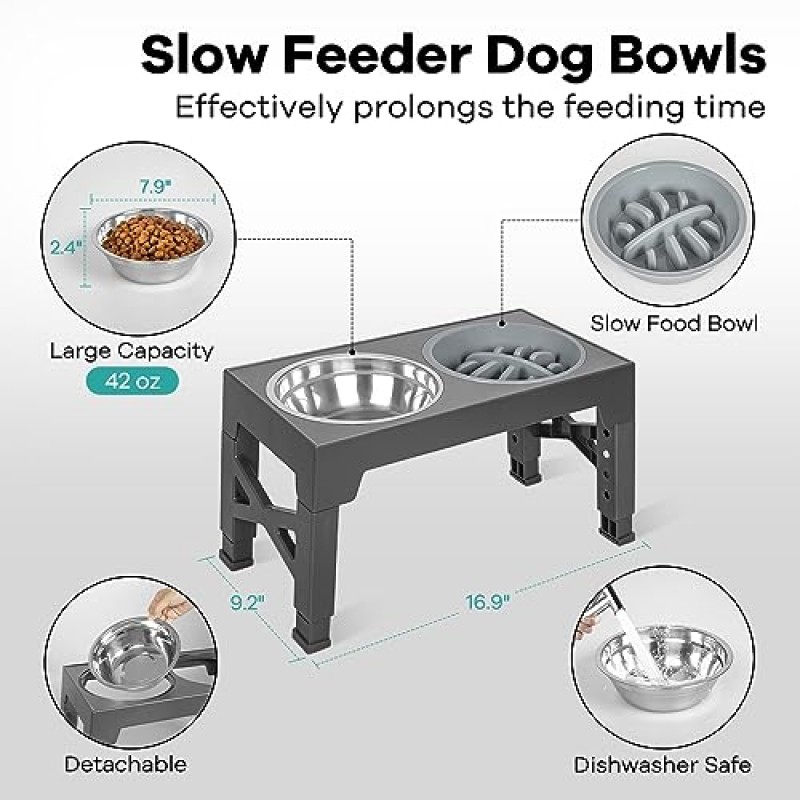 GUOOUG 저속 피더 개 그릇 1개 + 스테인레스 스틸 그릇 2개가 포함된 높은 개 그릇 올려진 개 그릇은 5개 높이로 조정됩니다. 3.1