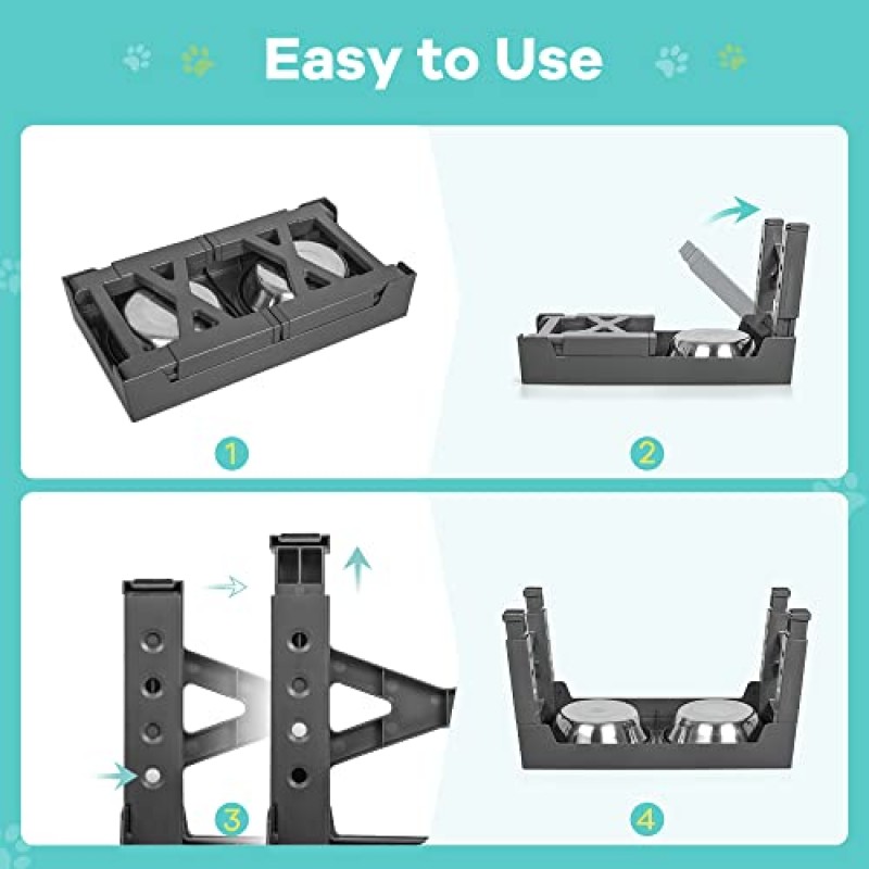 GUOOUG 저속 피더 개 그릇 1개 + 스테인레스 스틸 그릇 2개가 포함된 높은 개 그릇 올려진 개 그릇은 5개 높이로 조정됩니다. 3.1