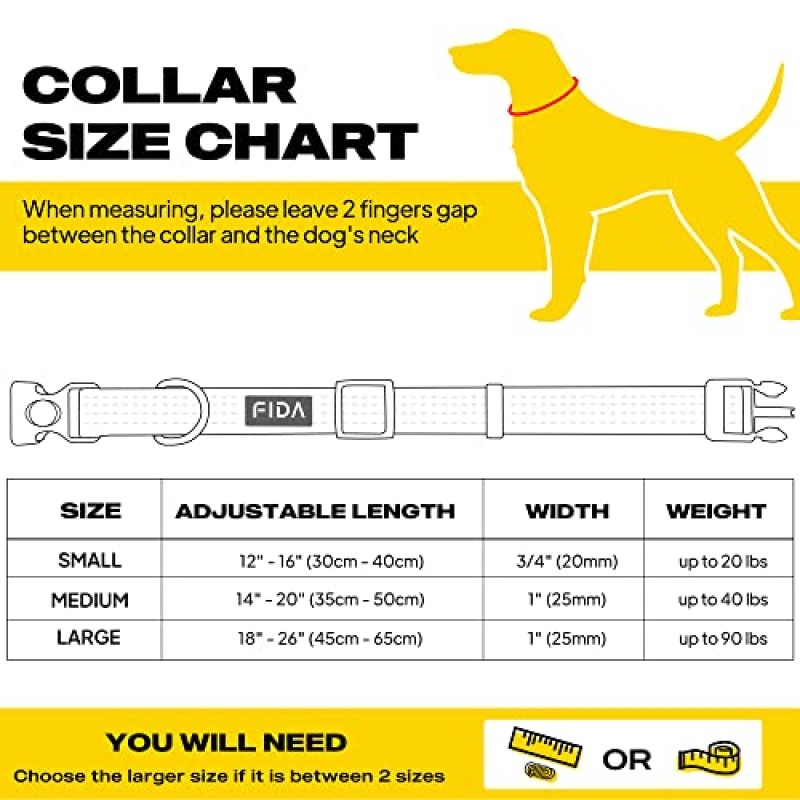 Fida 반사형 개 목걸이, 소형/중형/대형견용 네온 색상의 나일론 개 목걸이, 안전 잠금 버클이 있는 가시성이 높은 개 목걸이(대형, 네온 옐로우)