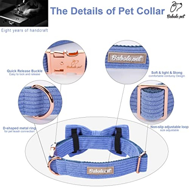 작은 개를 위한 Babole 애완 동물 블루 개 목걸이, 나비 넥타이가 있는 귀여운 코듀로이 개 목걸이 안전 금속 버클 작은 중형 대형 소년 및 소녀 개를 위한 조절 가능한 강아지 목걸이, XS 넥 8