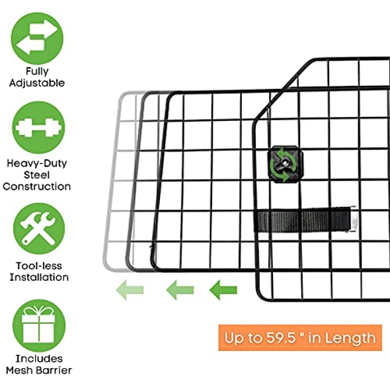 SUV 및 차량용 COLETA 개 차량 배리어 - 전체 적용을 위한 보너스 가드 메쉬가 있는 조정 가능한 대형 애완동물 배리어. 애완동물 자동차 안전을 위한 견고한 범용 장착형 간편한 설치 및 제거 칸막이