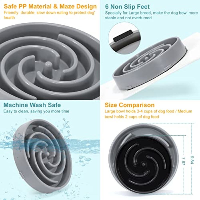 느린 피더 대형 중형견용 대형 개 그릇 미끄럼 방지 미로 퍼즐 그릇 애완동물 느린 음식 먹이 접시 대화형 부풀림 방지 개 그릇 질식 방지 건강한 개 그릇, 밝은 회색