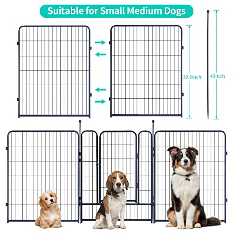 개 놀이터, 휴대용 야외 개 울타리, 실내 개 펜, 대형/중형/소형견용 개 놀이터, 마당용 개 울타리, 문 포함 접이식 금속 개 놀이터(40인치, 08패널)