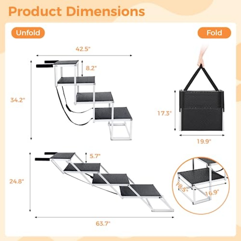 대형견용 개 계단, 대형견용 개 경사로 SUV, 자동차용 개 계단, 높은 침대, 소파, 트럭, 자동차용 미끄럼 방지 고무 매트가 있는 4단계 접이식 업그레이드 알루미늄 프레임 사다리 계단 -150Lbs