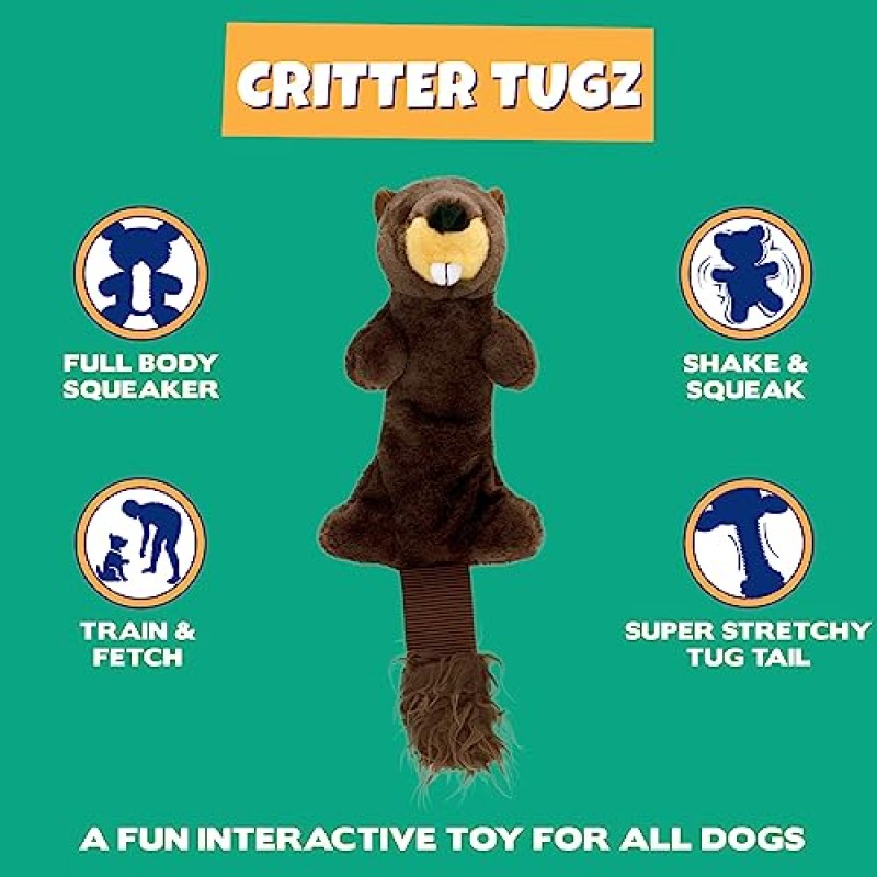 Pet Factory Shake & Squeak 동물 Tugz 플러시 개 장난감, 무작위로 선택됨 - 토끼 또는 비버, 단일 사이즈