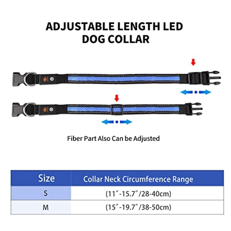 푹신한 꼬리 LED USB 충전식 방수 개 목걸이. 파란색. 조절할 수 있는. 중형 및 대형견용 개 목걸이. 밝고 안전한 야간 산책. 개 목걸이를 켜십시오. 작은 품종에는 적합하지 않음