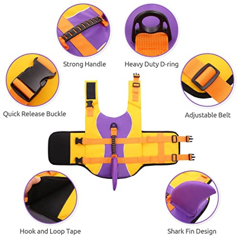 ASENKU 개 구명 조끼 수영 보트용 애완 동물 구명 조끼, 개 상어 구명 조끼 수영장용 개 구명대 수영복, 소형 중형 대형견용 개 물 부양 조끼, 보라색, 중형