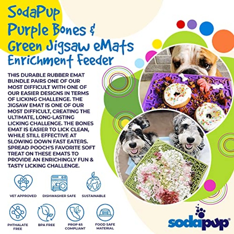 SodaPup Purple Bones & Green Jigsaw eMat 번들 – 과식 방지, 소화기 건강, 진정 등을 위한 무독성, 애완동물 안전, 식품 안전 고무로 미국에서 제작된 내구성이 뛰어난 릭 매트 피더