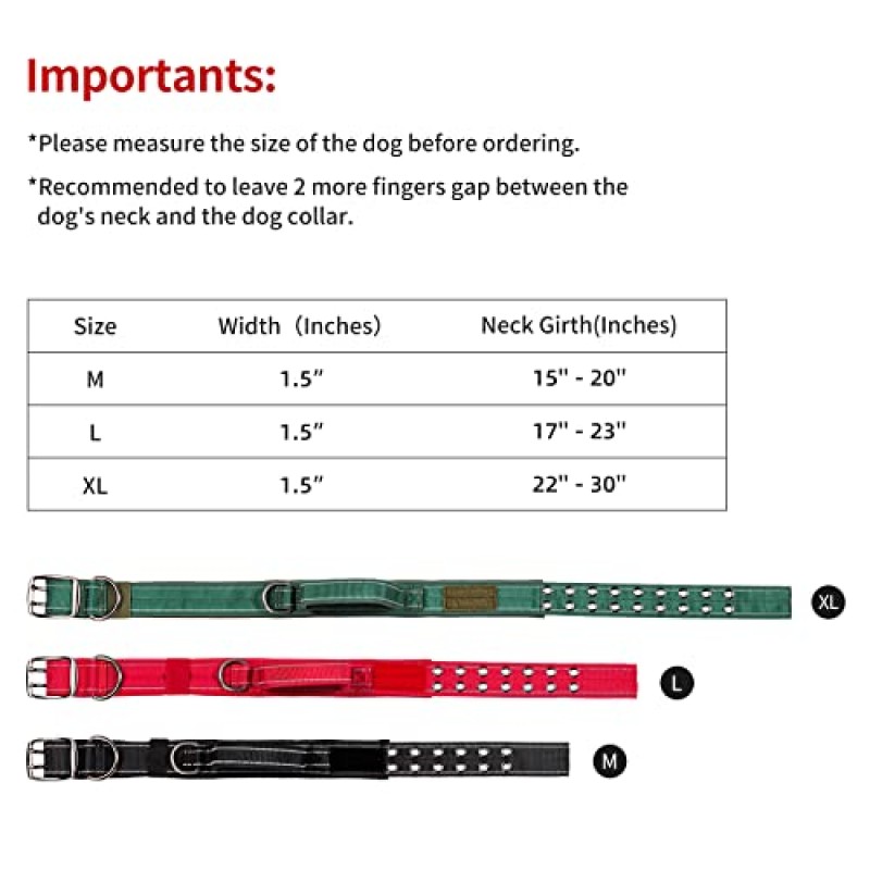 중형 및 대형견용 Annchwool 전술 개 목걸이, 부드러운 패딩 손잡이가 있는 조절 가능한 군용 개 목걸이, 헤비 듀티 더블 버클 디자인(빨간색, XL)
